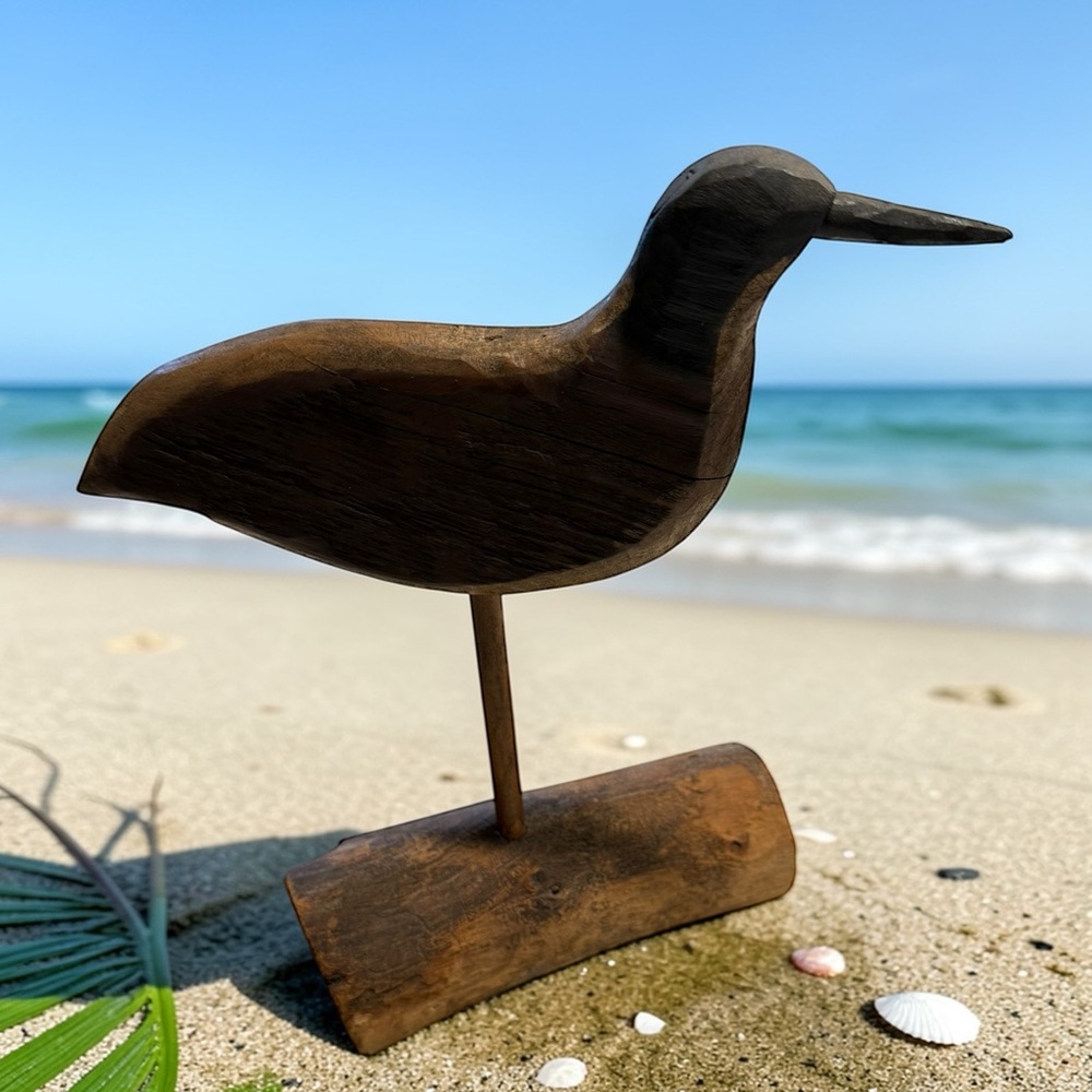 Vintage Wooden Hand-carved Signed Sand Piper Shorebird - Coastal Cottage Accent